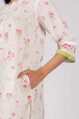 White Floral Print Cotton Straight-Cut Kurta