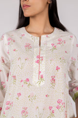White Floral Print Cotton Straight-Cut Kurta