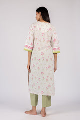 White Floral Print Cotton Straight-Cut Kurta