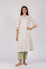 White Floral Print Cotton Straight-Cut Kurta