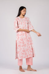 Pink Floral Print Cotton Kurta
