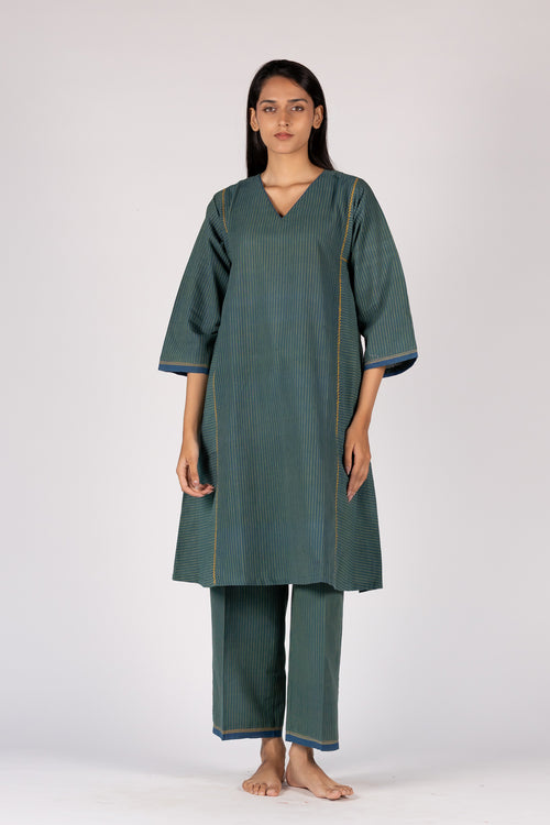 Green Handloom Striped Malkha Kurta