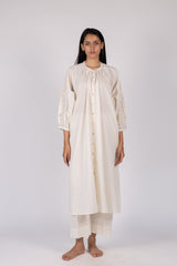 White Embroidered Slub Cotton Gathered Kurta