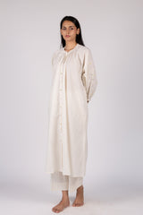 White Embroidered Slub Cotton Gathered Kurta