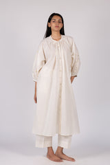 White Embroidered Slub Cotton Gathered Kurta