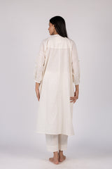 White Embroidered Slub Cotton Gathered Kurta