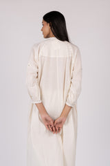 White Embroidered Slub Cotton Gathered Kurta