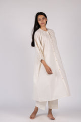 White Embroidered Slub Cotton Gathered Kurta
