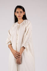 White Embroidered Slub Cotton Gathered Kurta
