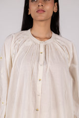 White Embroidered Slub Cotton Gathered Kurta