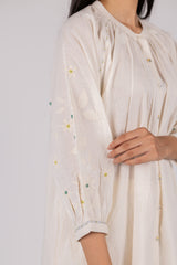 White Embroidered Slub Cotton Gathered Kurta