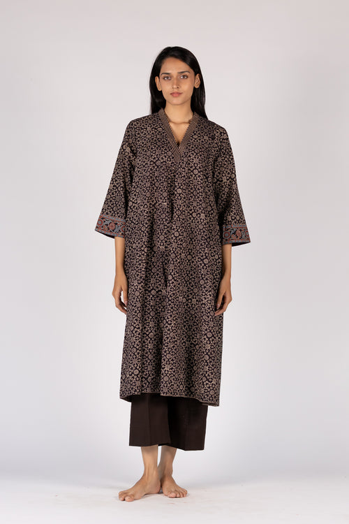 Black Ajrakh Mul Hand Block Printed Kurta
