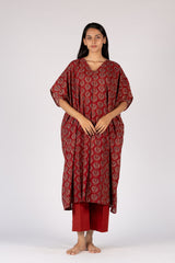 Ajrakh Mul Maroon Hand Block Printed Kaftan