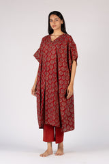 Ajrakh Mul Maroon Hand Block Printed Kaftan