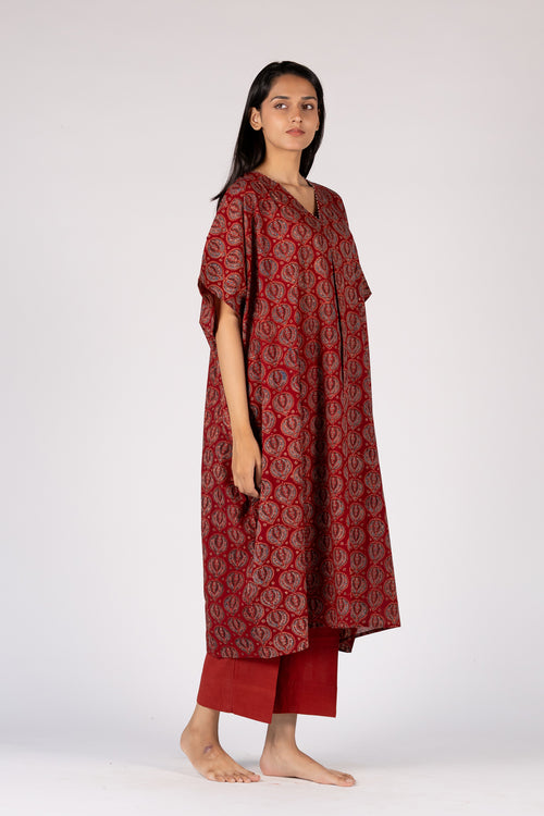 Ajrakh Mul Maroon Hand Block Printed Kaftan