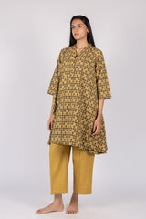 Yellow Ajrakh Cotton Hand Block Printed A-Line Tunic