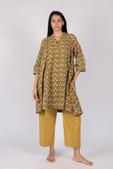 Yellow Ajrakh Cotton Hand Block Printed A-Line Tunic