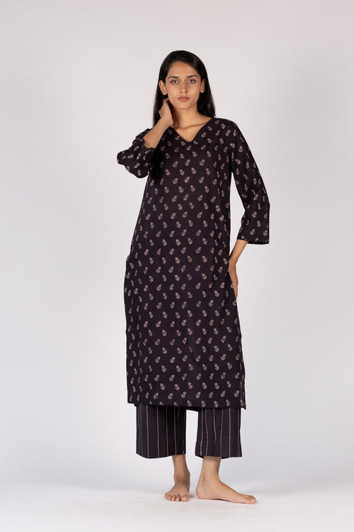 Ajrakh Mul Hand Block Printed Black Kurta