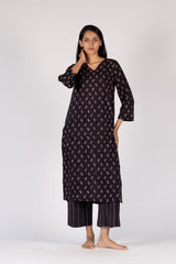 Ajrakh Mul Hand Block Printed Black Kurta