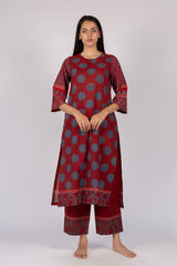 Maroon Printed Cotton Straight Cut Kurta