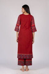 Maroon Printed Cotton Straight Cut Kurta