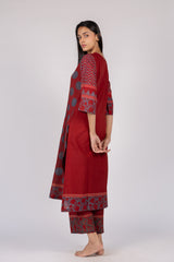 Maroon Printed Cotton Straight Cut Kurta