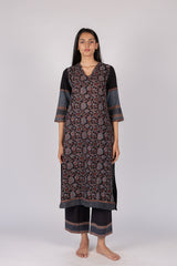 Black Floral Printed Cotton Straight Cut Kurta