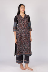 Black Floral Printed Cotton Straight Cut Kurta