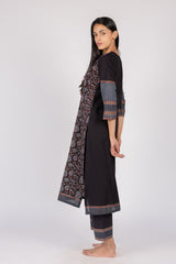 Black Floral Printed Cotton Straight Cut Kurta