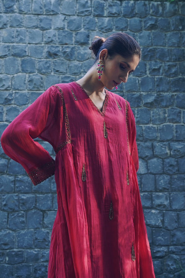 Chanderi Hand Embroidered Kurta -Maroon