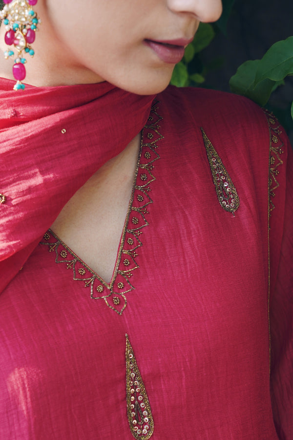 Chanderi Hand Embroidered Kurta -Maroon