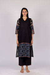Black Floral Border Cotton Straight Cut Kurta