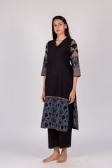Black Floral Border Cotton Straight Cut Kurta