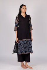 Black Floral Border Cotton Straight Cut Kurta