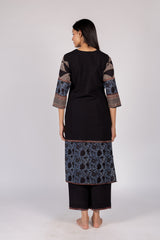 Black Floral Border Cotton Straight Cut Kurta