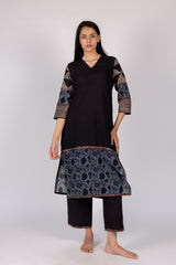 Black Floral Border Cotton Straight Cut Kurta