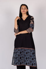 Black Floral Border Cotton Straight Cut Kurta