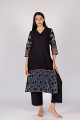 Black Floral Border Cotton Straight Cut Kurta