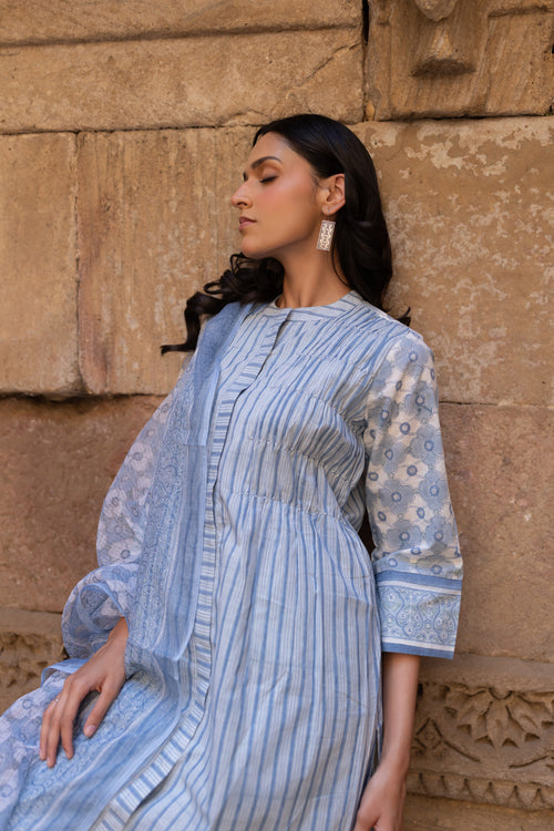 Blue Hand-Block Printed Cotton Kurta