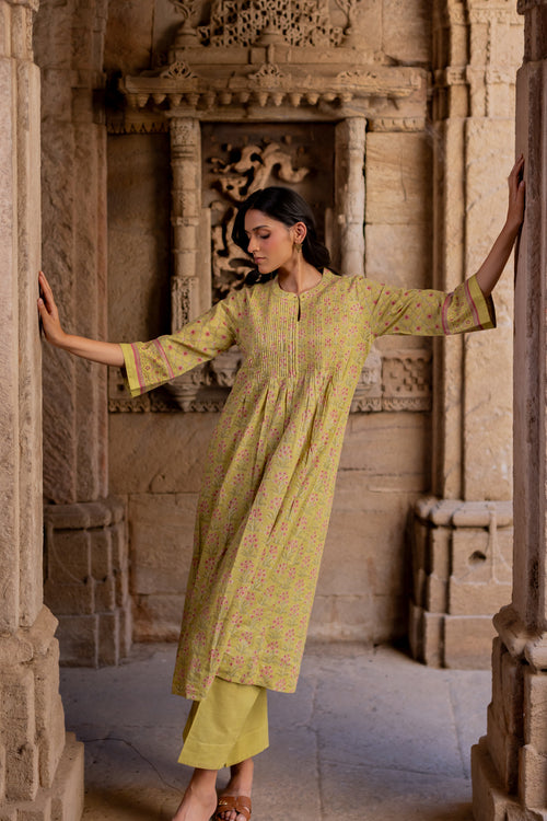 Green Cotton Hand Block Printed Kurta