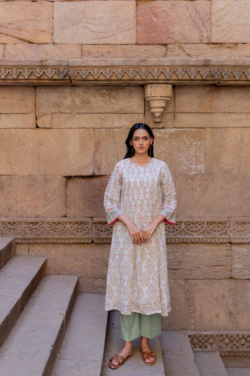 White Hand-Block Printed Cotton Kurta