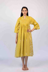 Yellow Cotton Hand Block Printed Tiered Dress