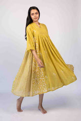 Yellow Cotton Hand Block Printed Tiered Dress
