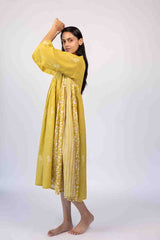 Yellow Cotton Hand Block Printed Tiered Dress