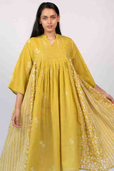 Yellow Cotton Hand Block Printed Tiered Dress