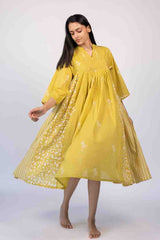 Yellow Cotton Hand Block Printed Tiered Dress