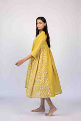 Yellow Cotton Hand Block Printed Tiered Dress