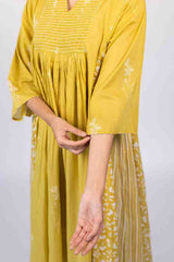 Yellow Cotton Hand Block Printed Tiered Dress