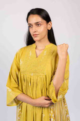 Yellow Cotton Hand Block Printed Tiered Dress