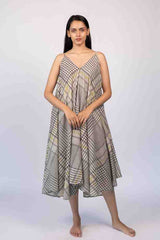 Black & Grey Geometric Hand-Block Printed Cotton Midi Dress